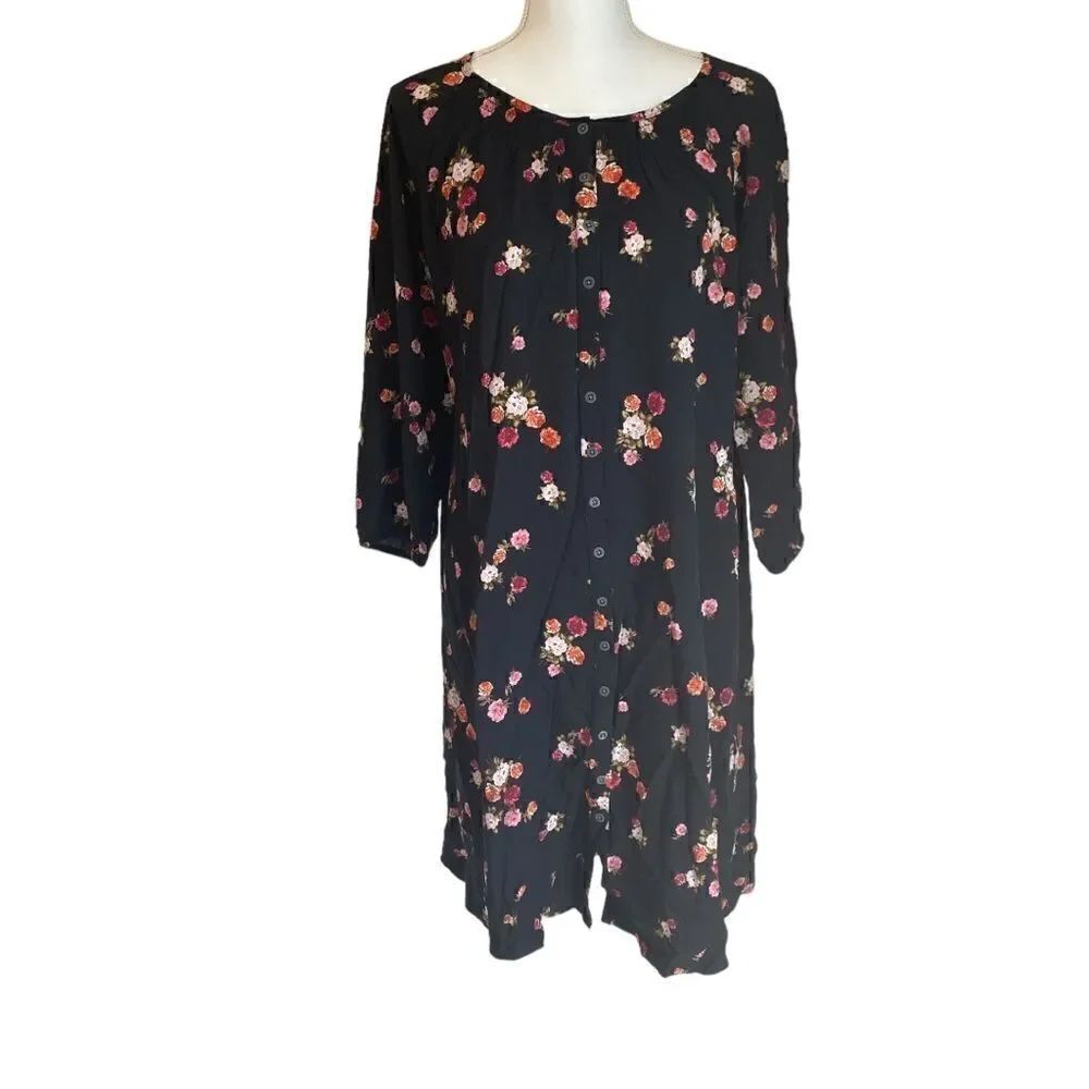 J. Jill Black Black Floral Roses Dress Size Medium